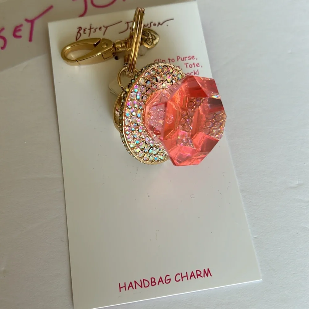 Betsey Johnson bling ring pop crystal handbag charm keychain